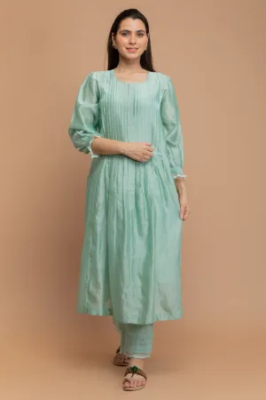 Chanderi Hand Loom Kurta with Pintuck &  Cotton Pants in Mint Green (Set of 3)