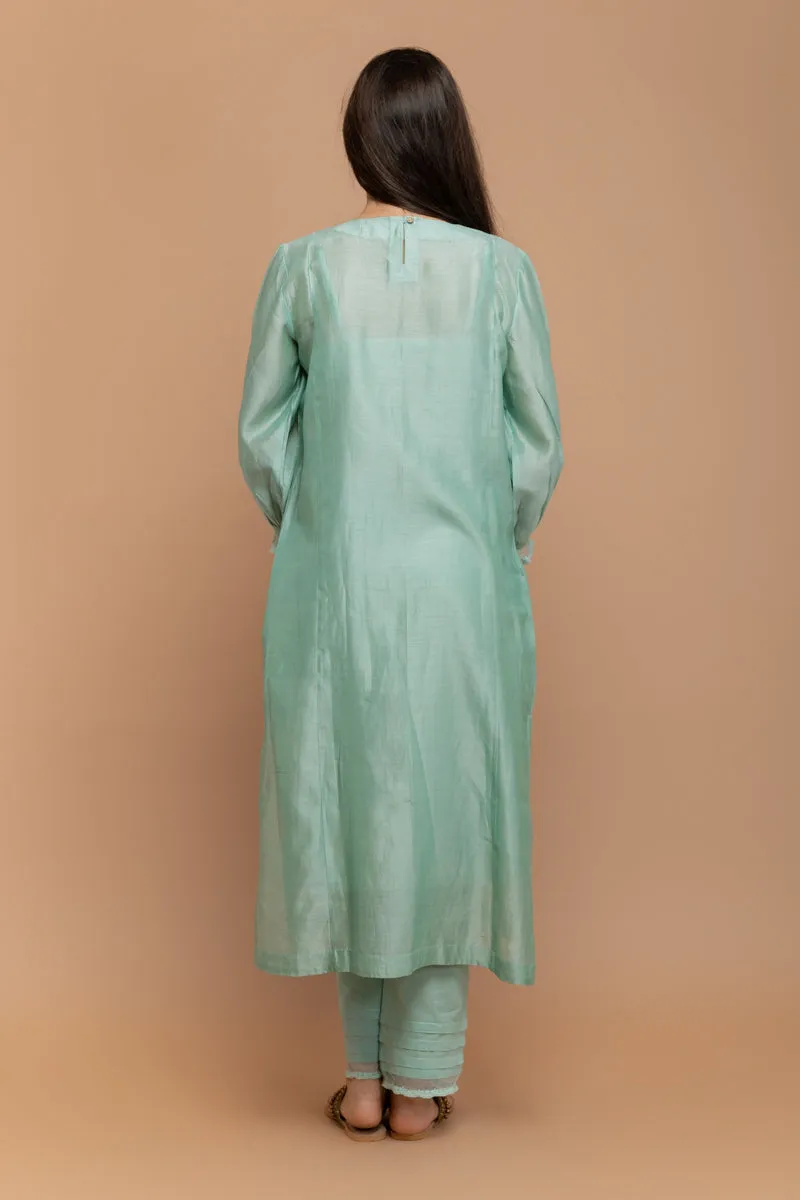 Chanderi Hand Loom Kurta with Pintuck &  Cotton Pants in Mint Green (Set of 3)