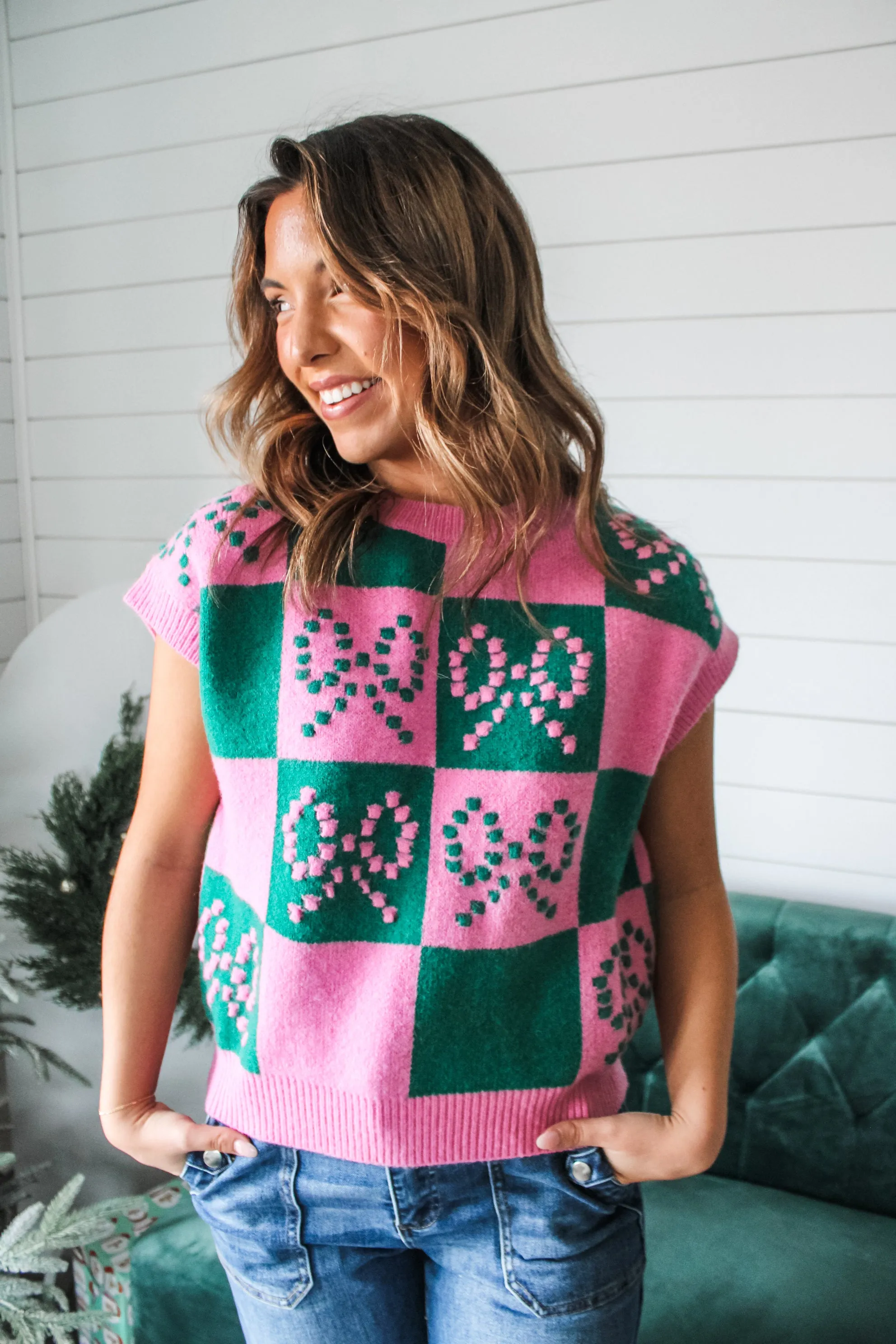 Checkered Bow Sweater • Pink/Green