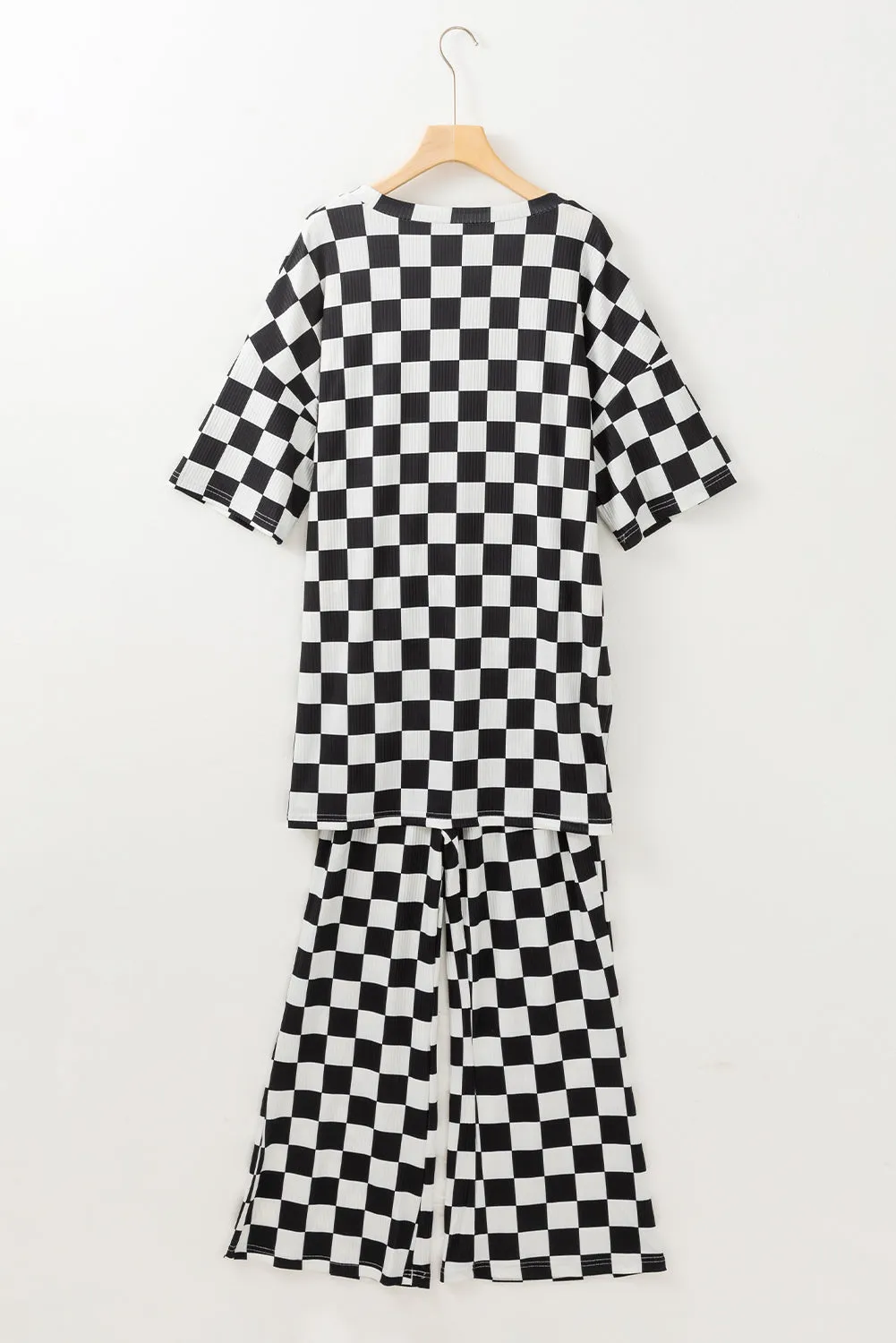 Checkered Half Sleeve Top and Flared Crop Pants Set