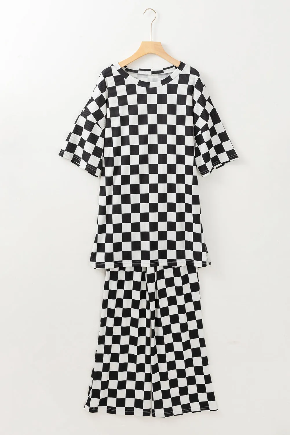 Checkered Half Sleeve Top and Flared Crop Pants Set