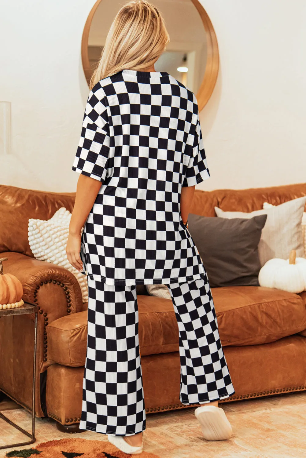 Checkered Half Sleeve Top and Flared Crop Pants Set