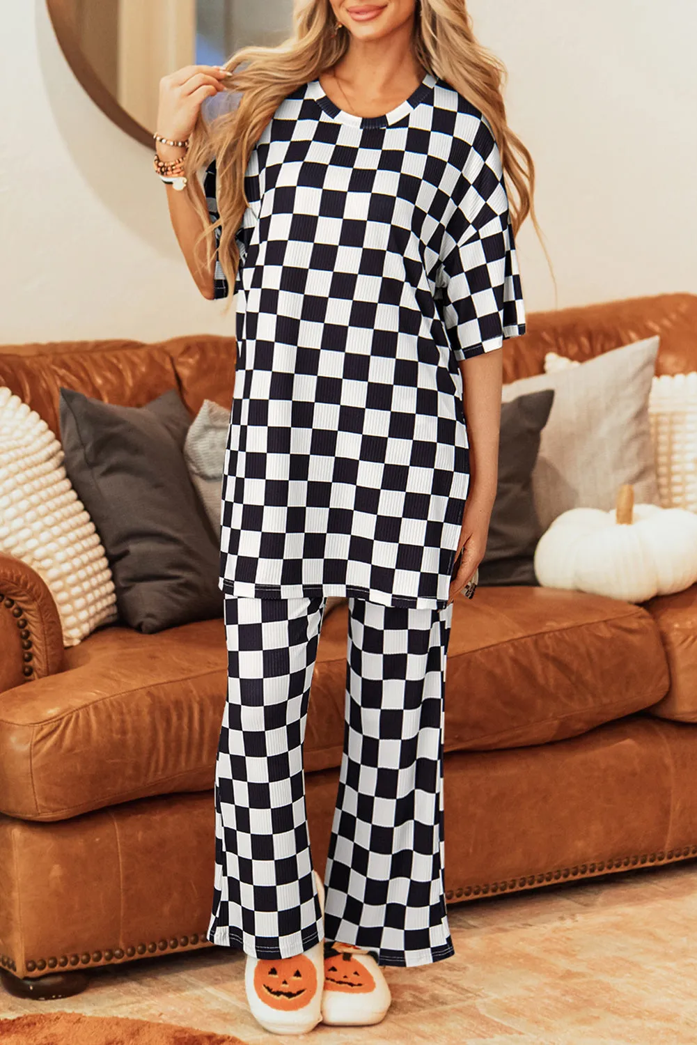Checkered Half Sleeve Top and Flared Crop Pants Set