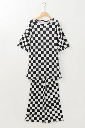 Checkered Half Sleeve Top and Flared Crop Pants Set