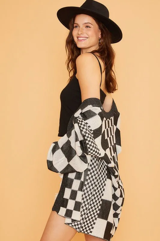 Checkered Open Front Cardigan - Black