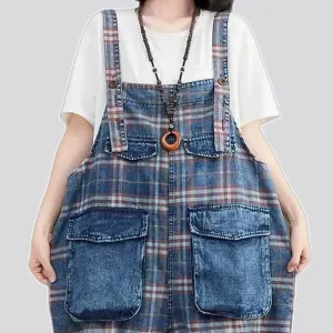 Checkered pattern baggy women's denim overall