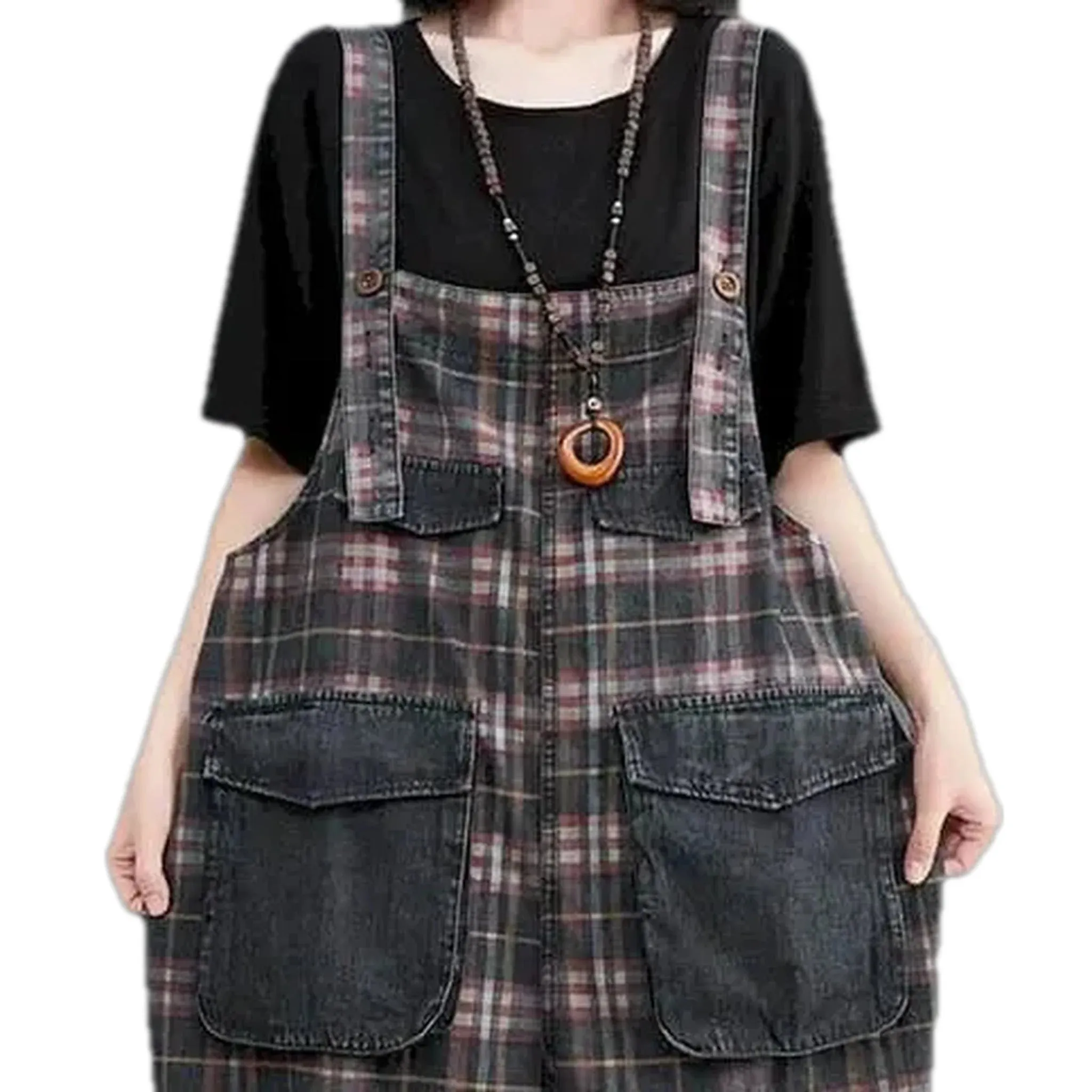 Checkered pattern baggy women's denim overall