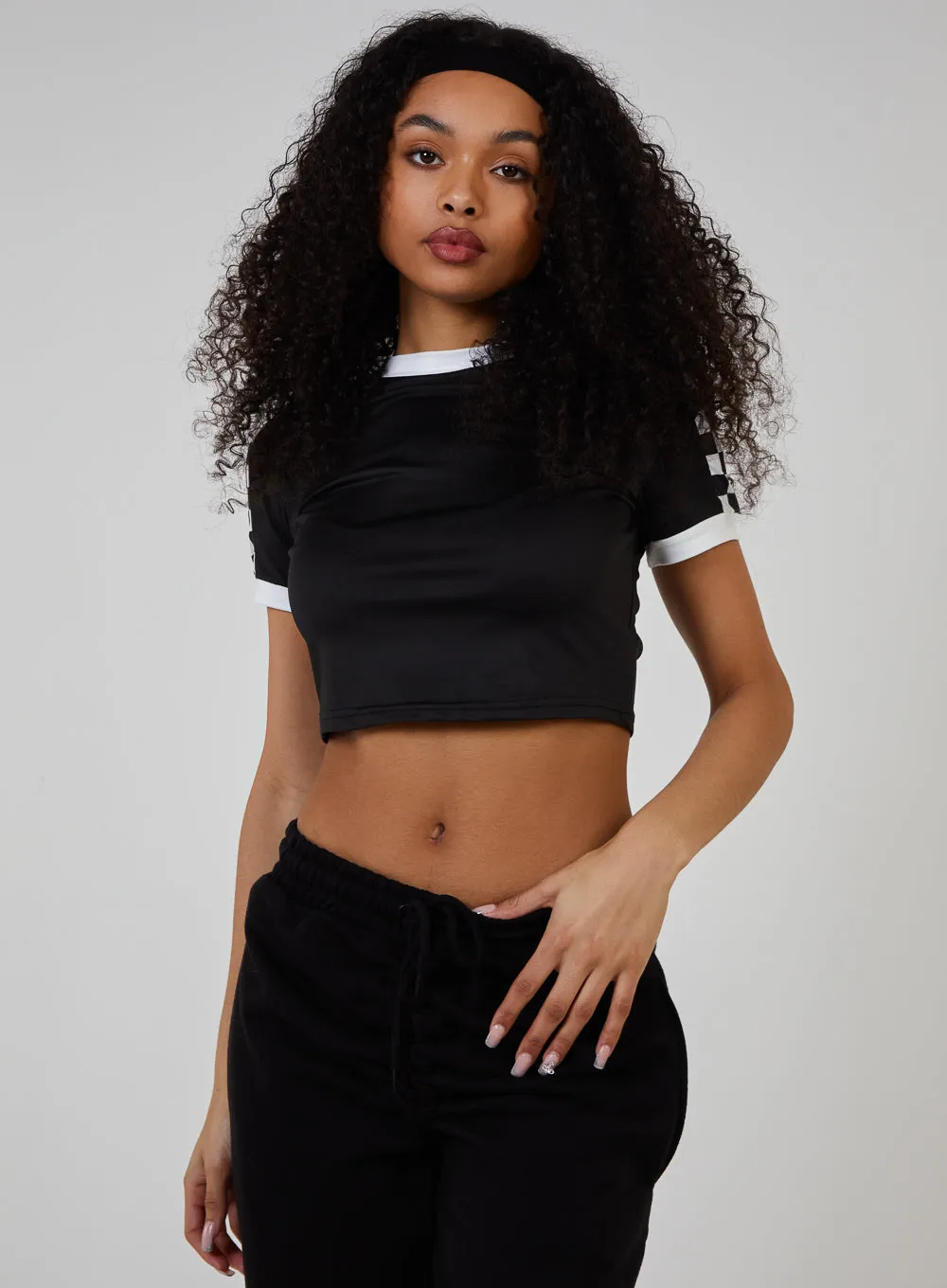 Checkered Sleeve Cropped T-Shirt