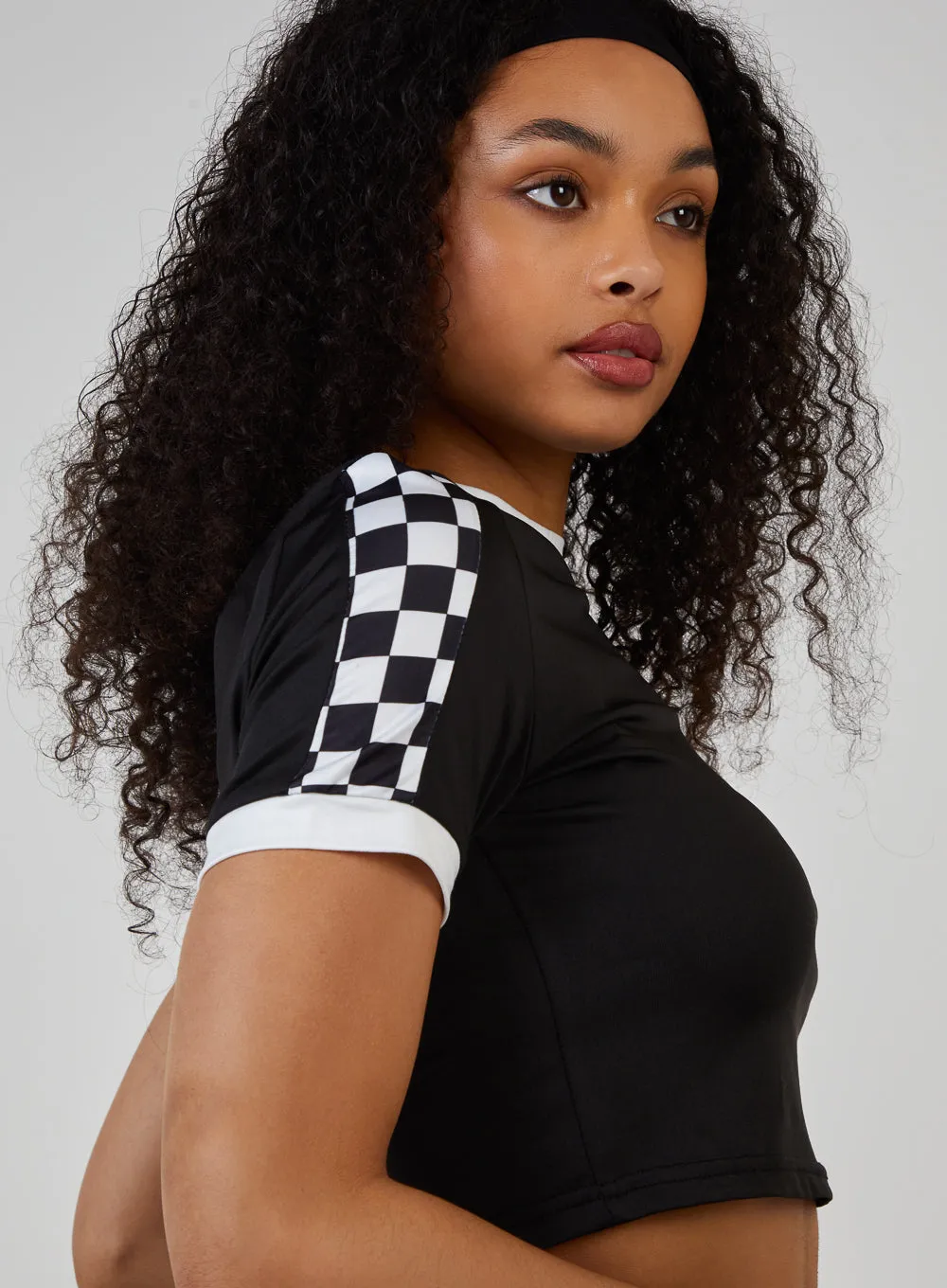 Checkered Sleeve Cropped T-Shirt