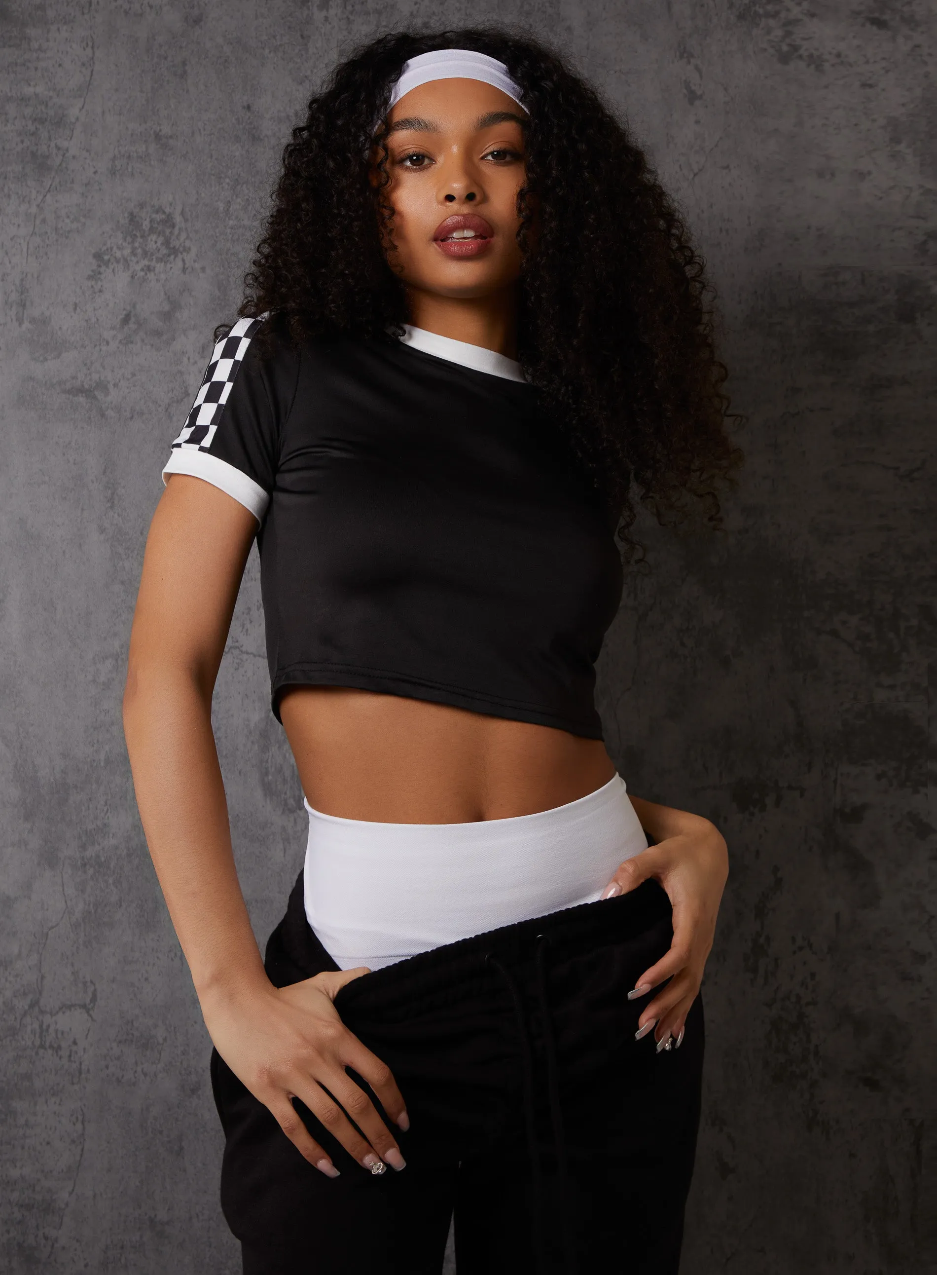 Checkered Sleeve Cropped T-Shirt