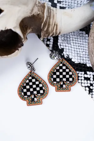 Checkered Spade Faux Leather Silvertone Earrings