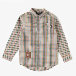 Chemise à carreaux verte en popeline peau de pêche, enfant || Green peach skin poplin checkered shirt, child
