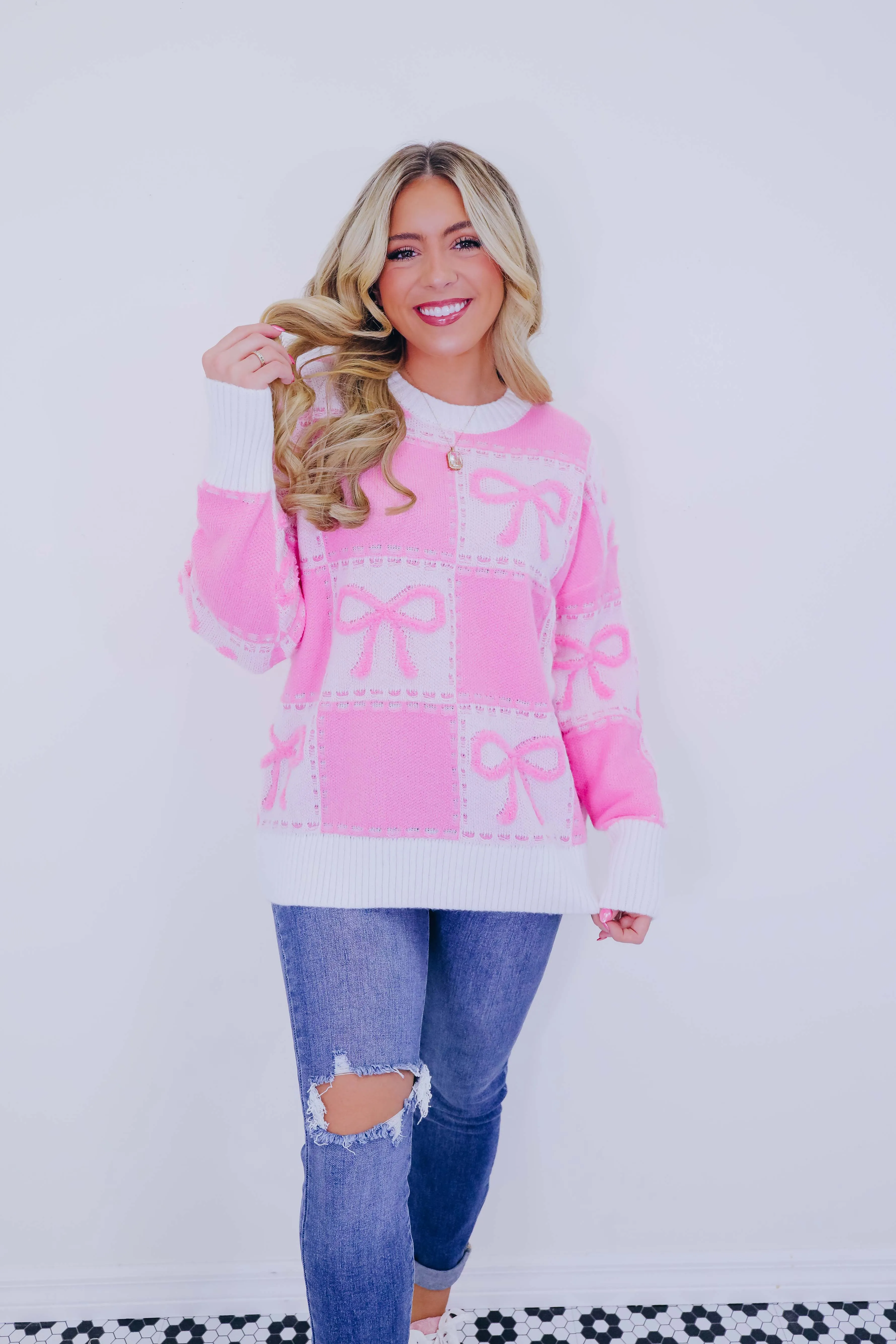 Chesney Checkered Bow Knit Sweater