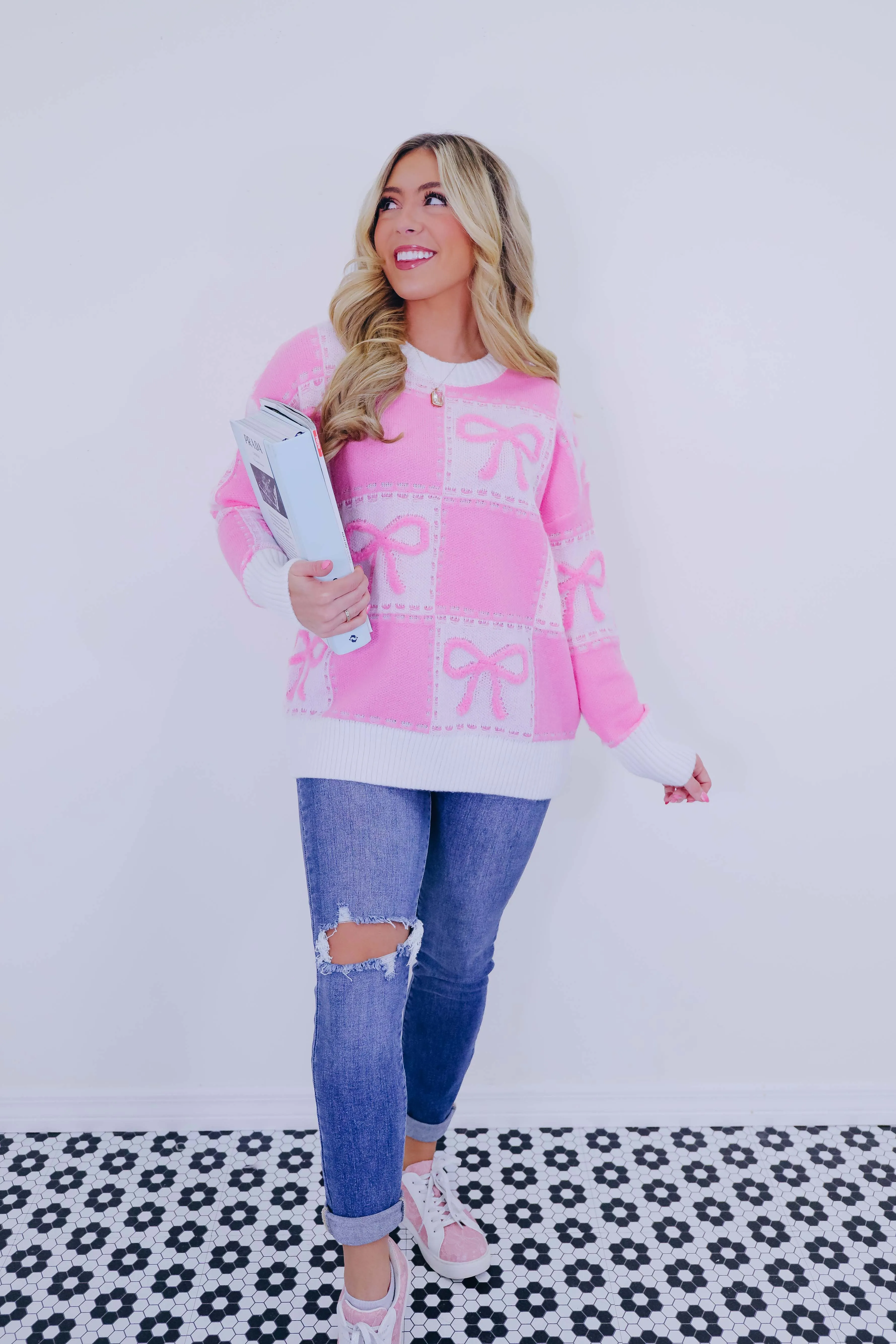 Chesney Checkered Bow Knit Sweater