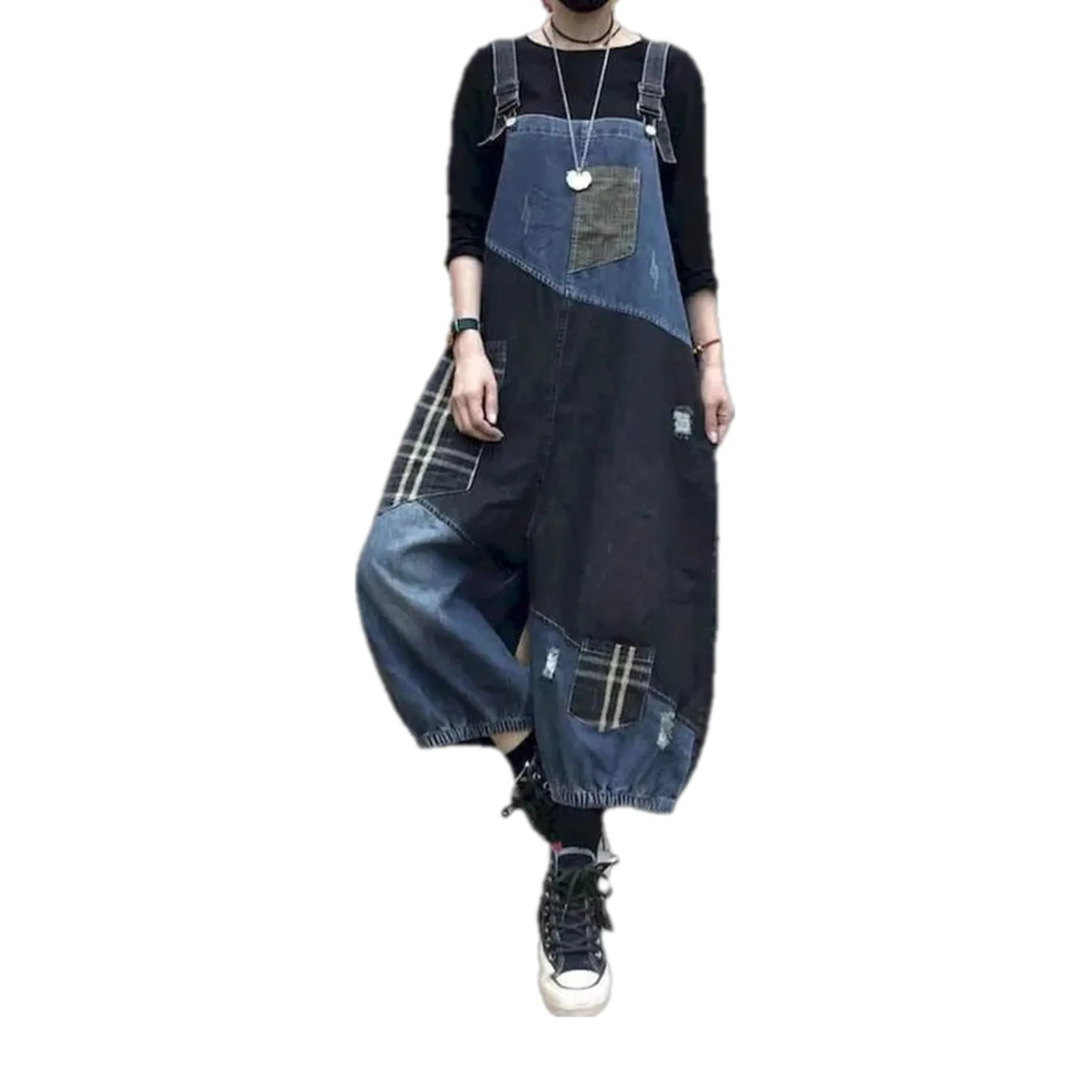 Chic boho checkered fit denim bib for women