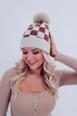 Chillin' Checkered Pom Beanie - Brown