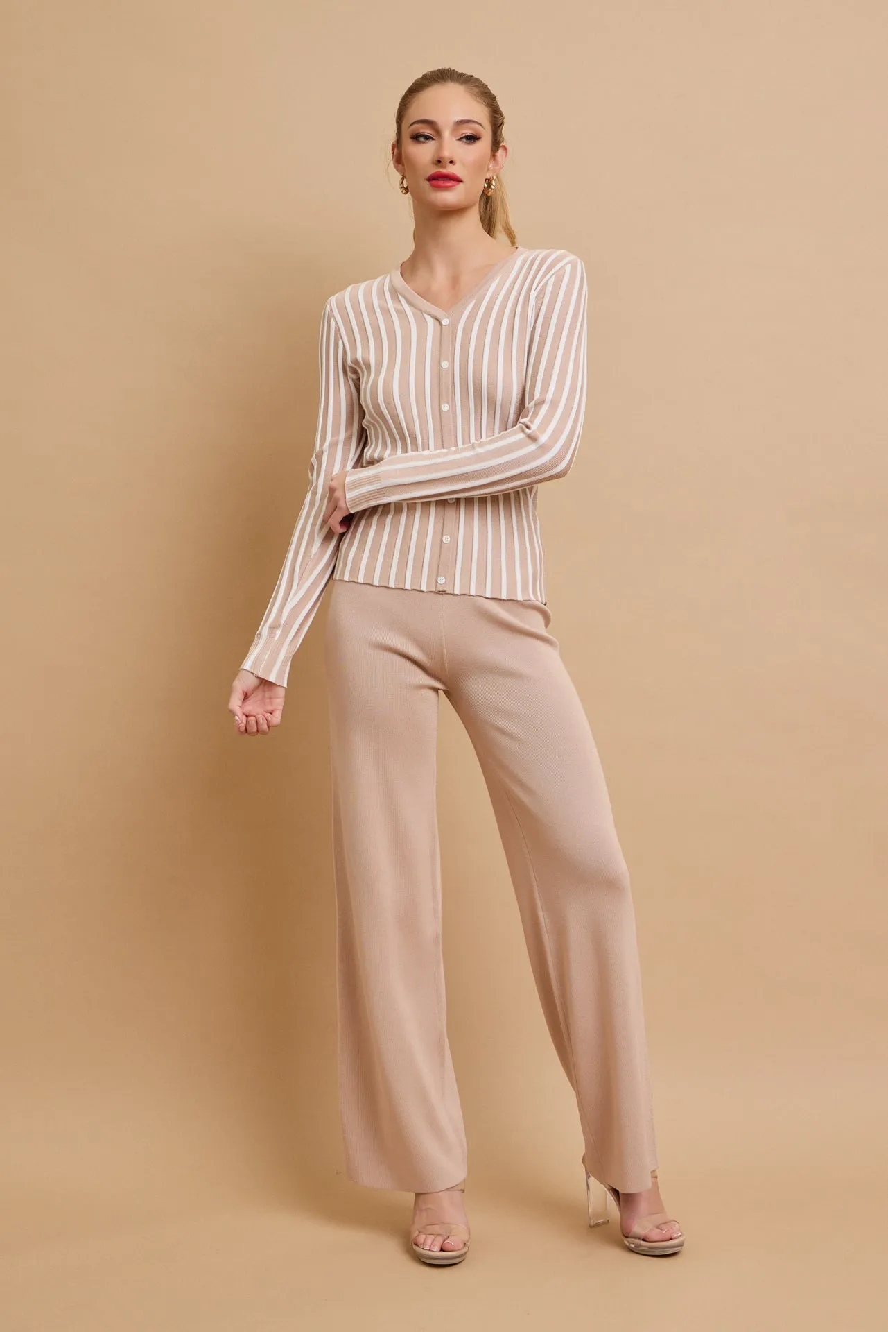 Classic Knit Combo Cardigan And Solid Pants Set