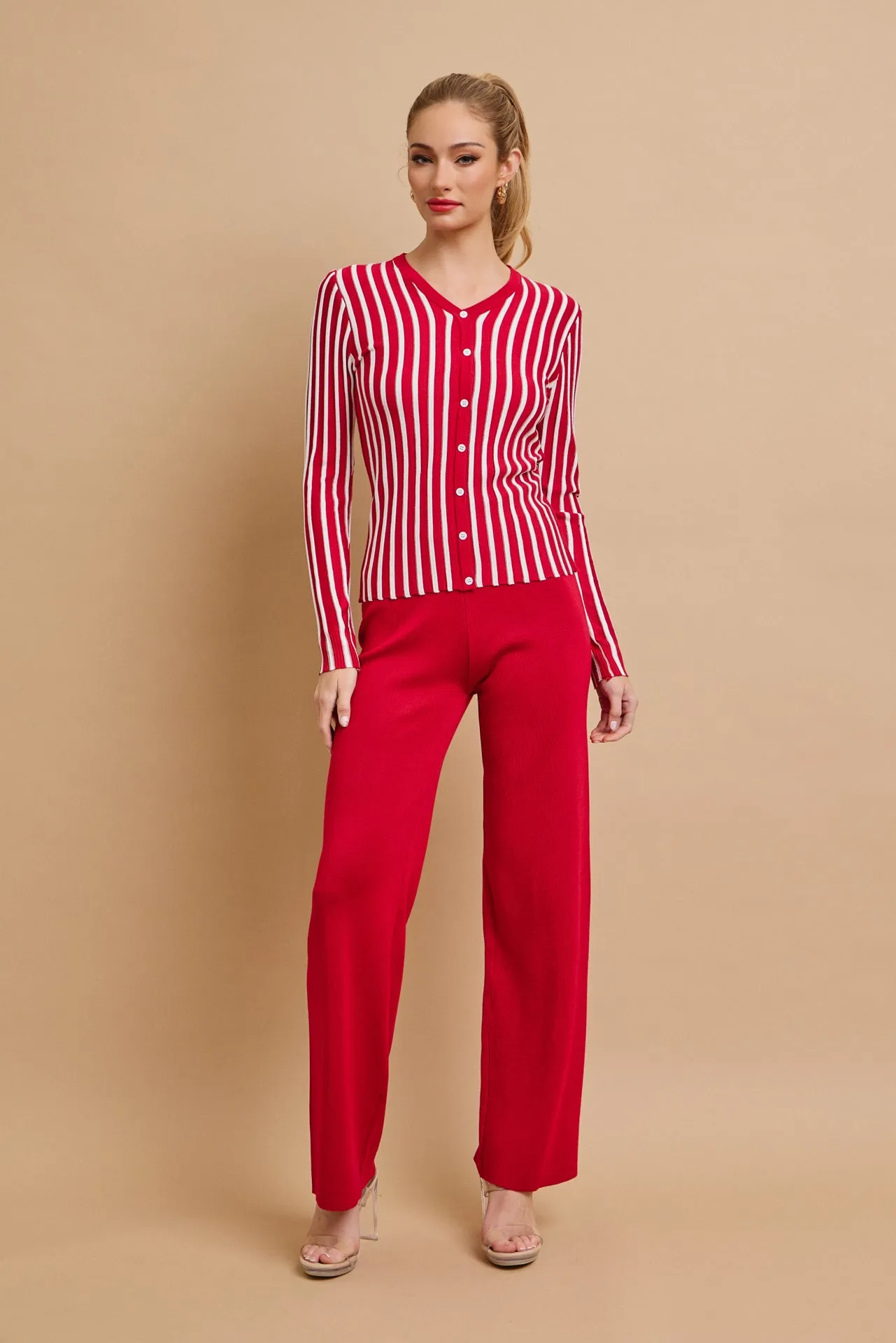 Classic Knit Combo Cardigan And Solid Pants Set