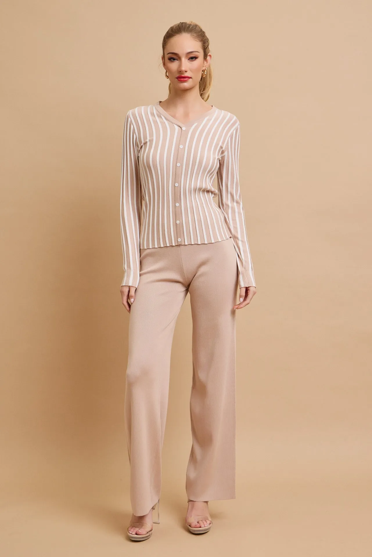 Classic Knit Combo Cardigan And Solid Pants Set