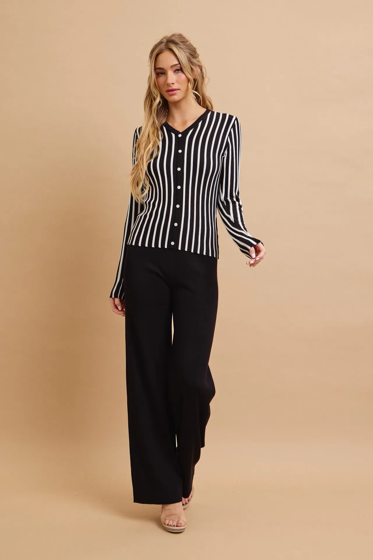 Classic Knit Combo Cardigan And Solid Pants Set