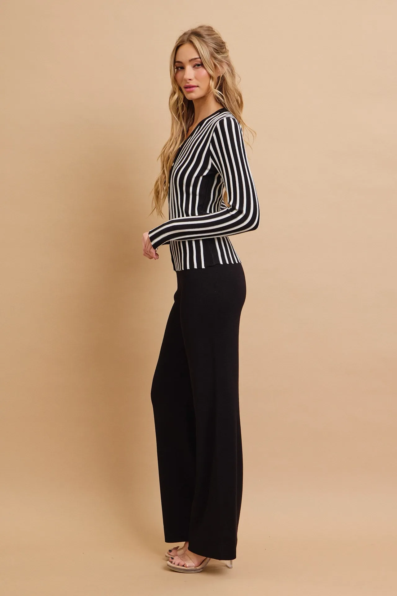 Classic Knit Combo Cardigan And Solid Pants Set