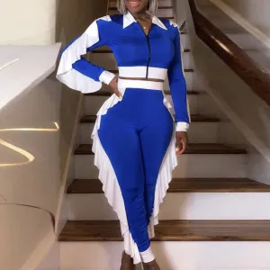 Colorblock Zipper Design Ruffles Top & Pants Set