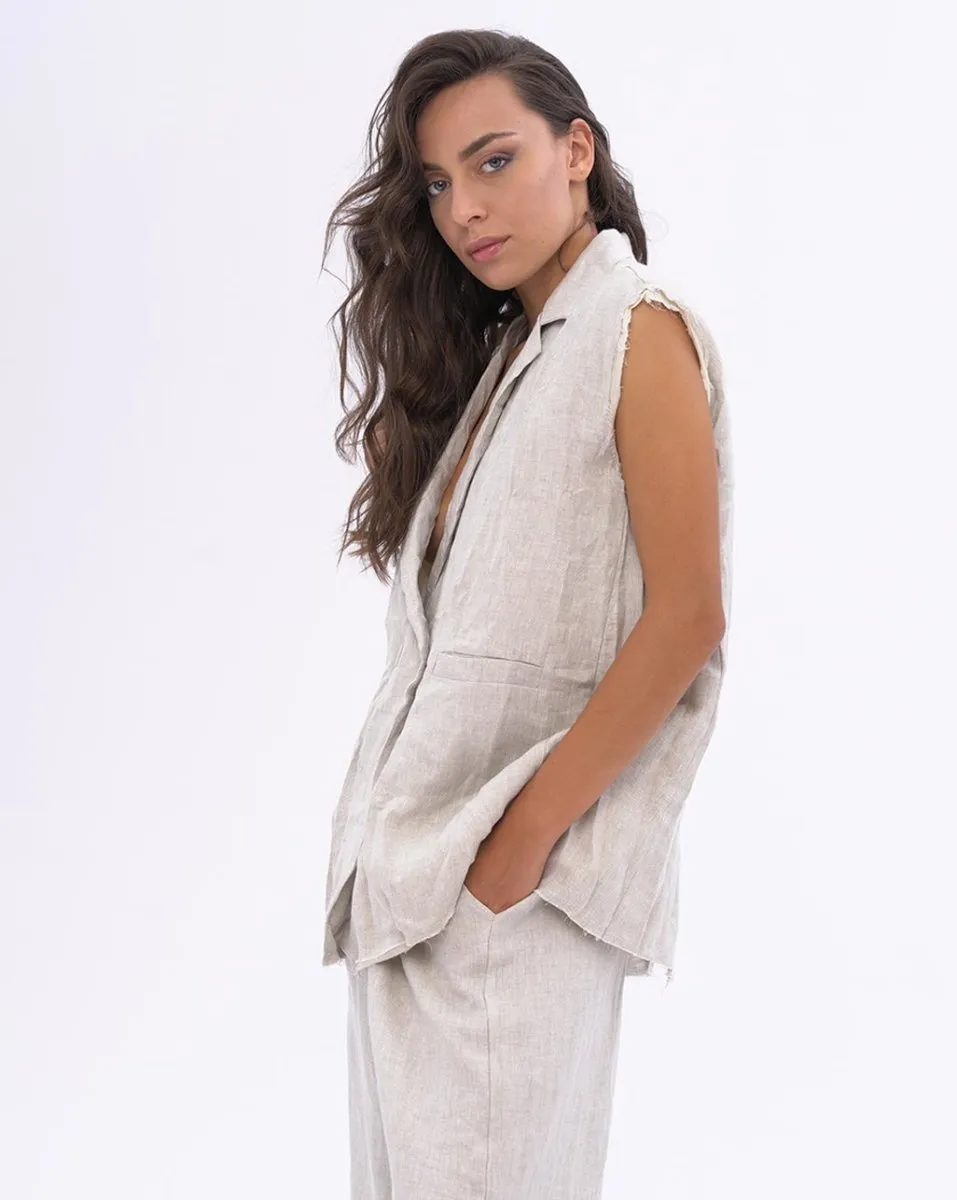 Crinkled Linen Sleeveless Blazer