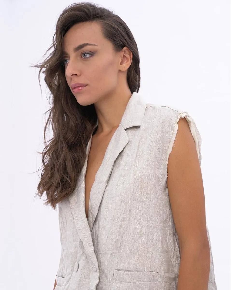 Crinkled Linen Sleeveless Blazer