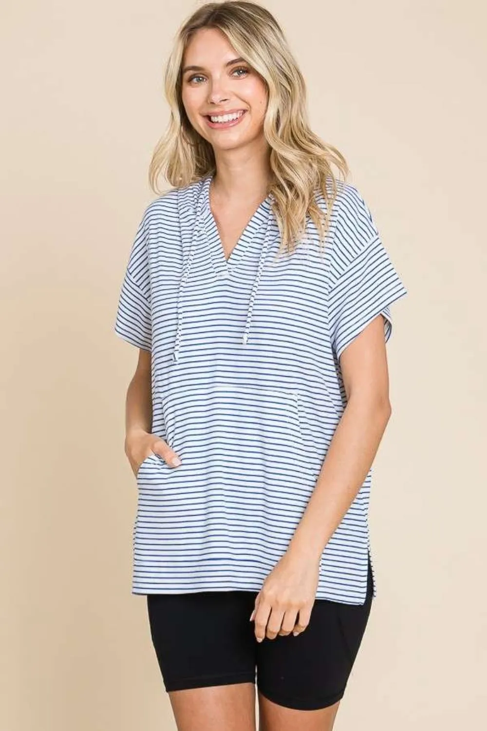Culture Code Striped Short Sleeve Hooded Top