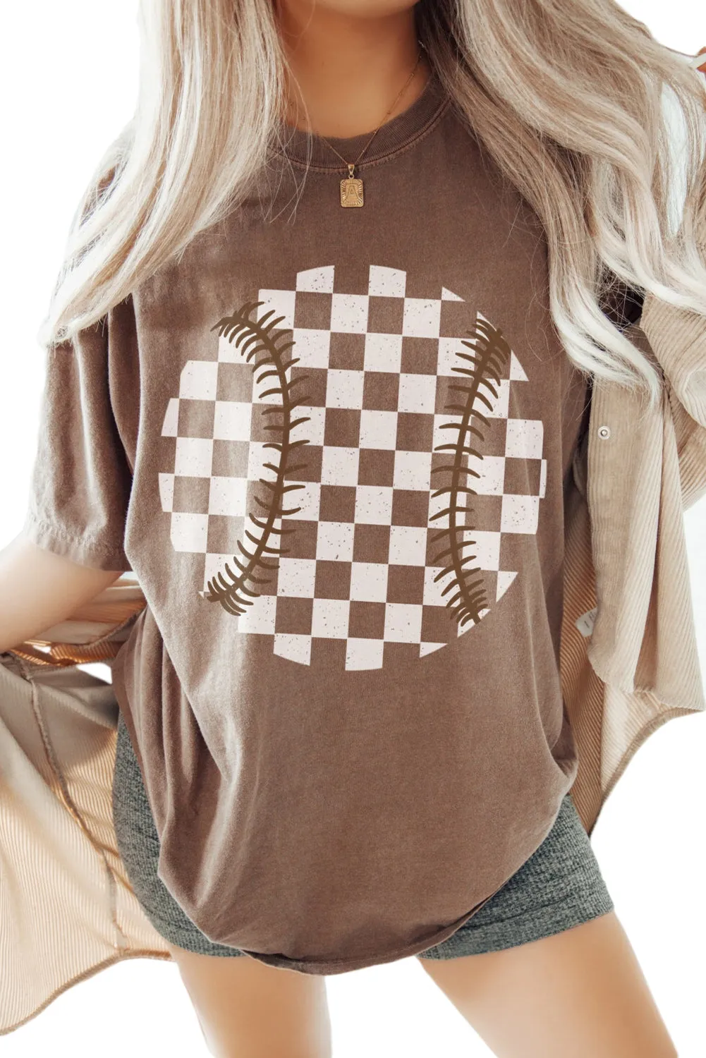 Dark Brown Checkered Baseball Graphic Tee