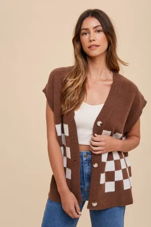 Dark Brown Checkered Button Down Short Sleeve Cardigan