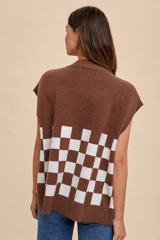 Dark Brown Checkered Button Down Short Sleeve Cardigan