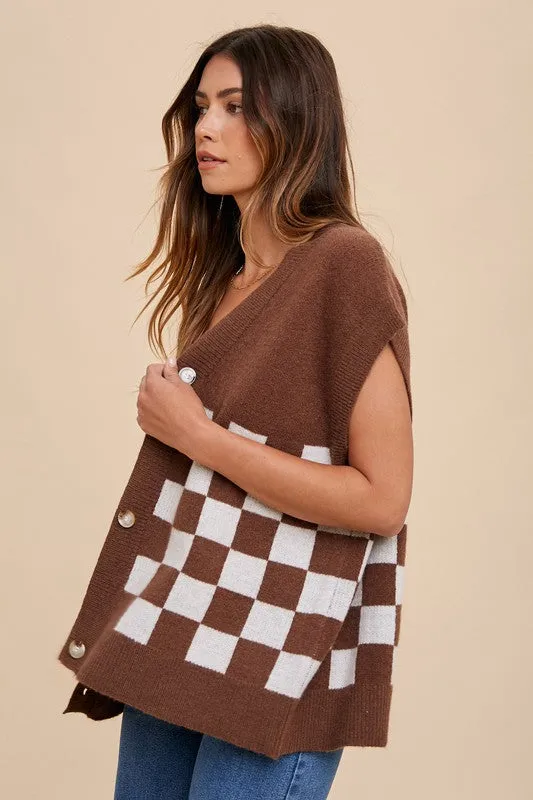 Dark Brown Checkered Button Down Short Sleeve Cardigan