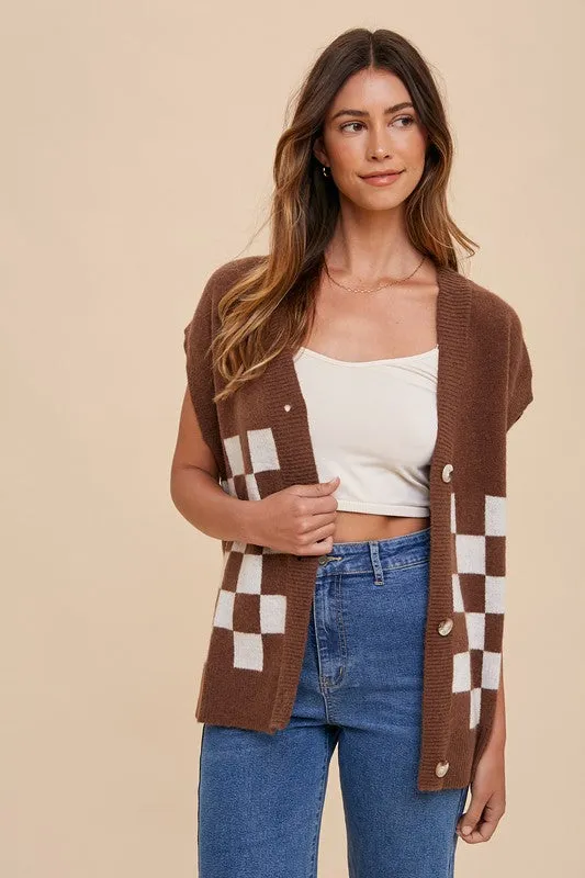 Dark Brown Checkered Button Down Short Sleeve Cardigan