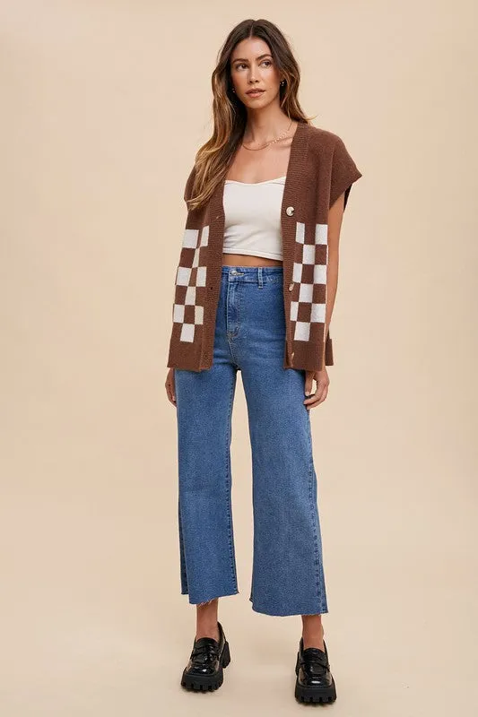 Dark Brown Checkered Button Down Short Sleeve Cardigan