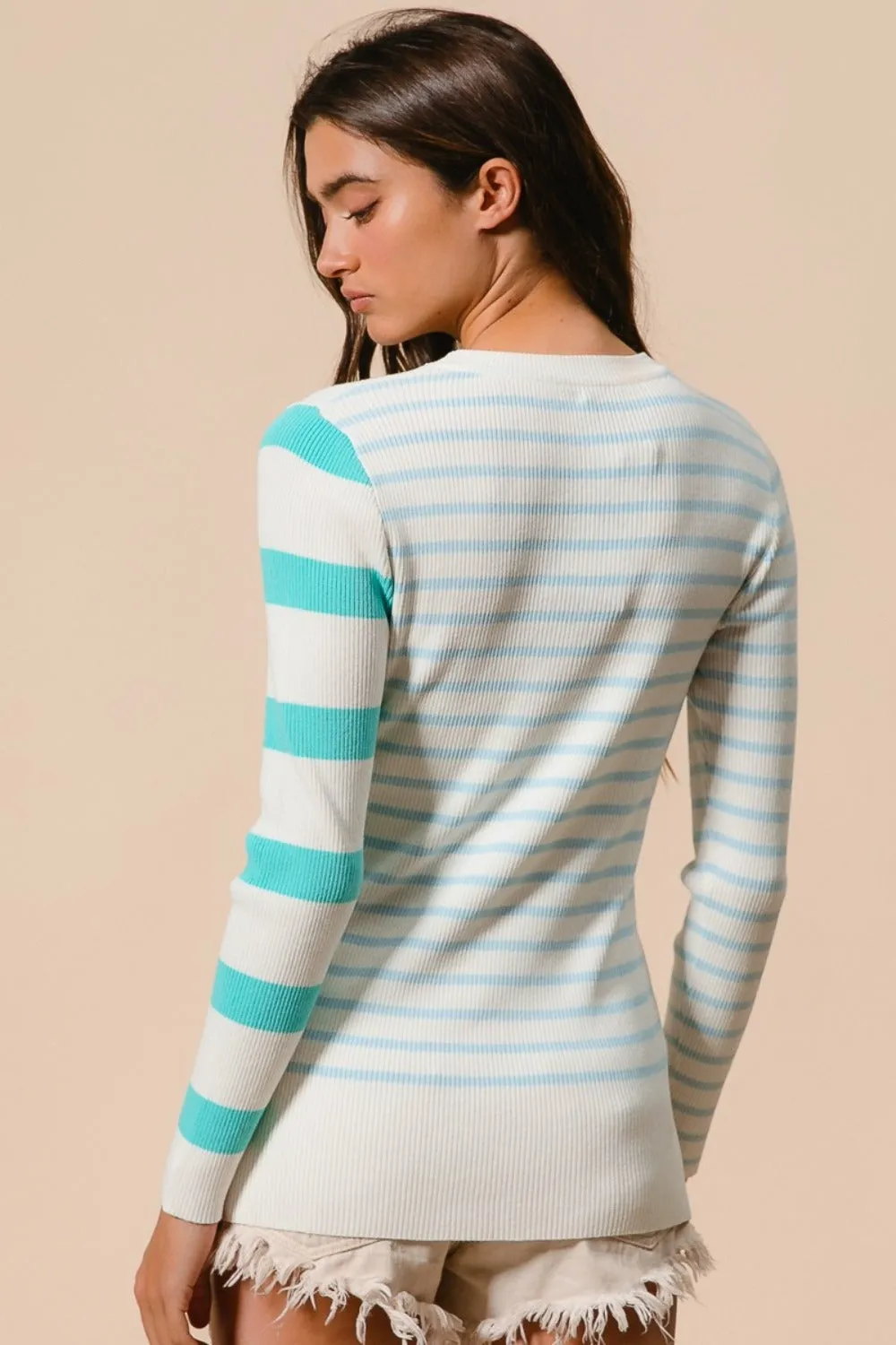 Deandra BiBi Contrast Striped Asymmetrical Hem Knit Top