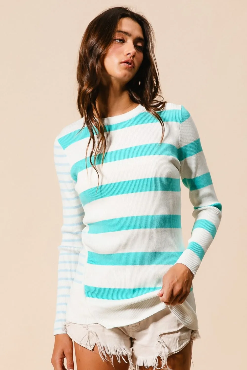 Deandra BiBi Contrast Striped Asymmetrical Hem Knit Top