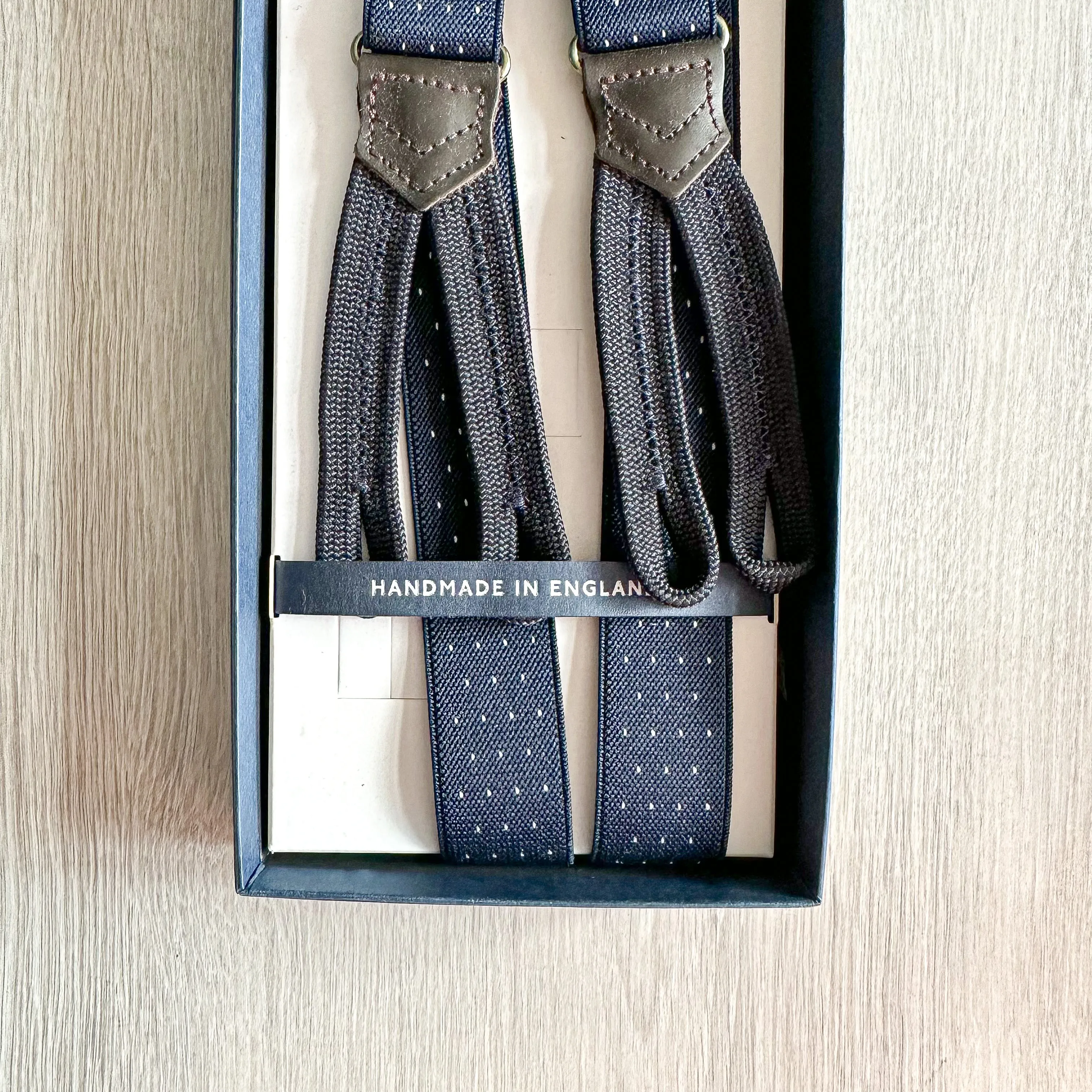 Drake's Navy White Spotted Slim Braces Suspenders For Trousers By Albert Thurston Made In England