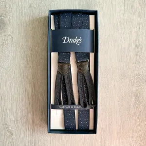Drake's Navy White Spotted Slim Braces Suspenders For Trousers By Albert Thurston Made In England
