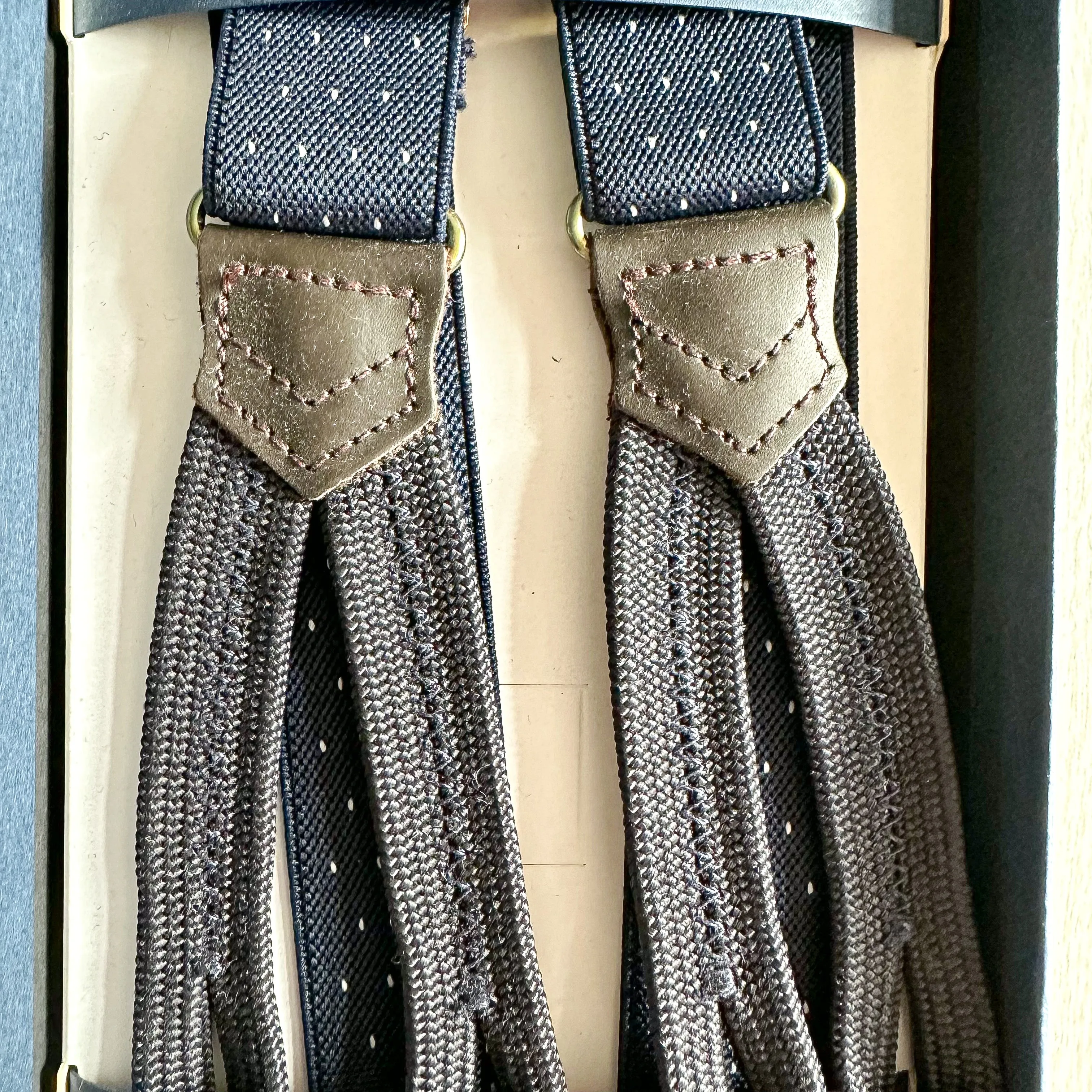 Drake's Navy White Spotted Slim Braces Suspenders For Trousers By Albert Thurston Made In England