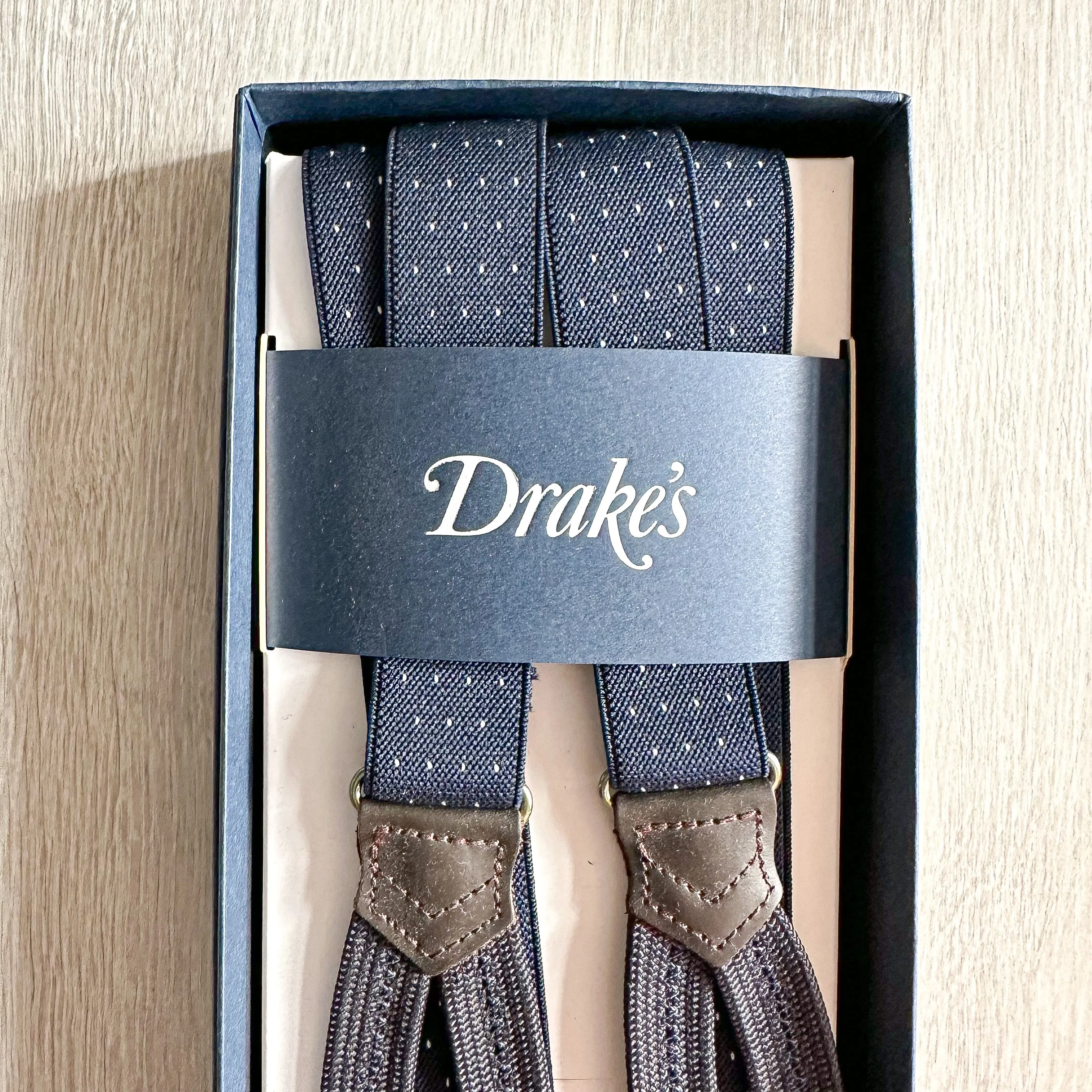 Drake's Navy White Spotted Slim Braces Suspenders For Trousers By Albert Thurston Made In England
