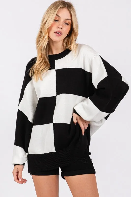 Elaine Checkered Sweater Top- Black & White