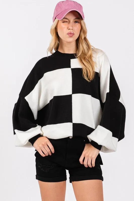 Elaine Checkered Sweater Top- Black & White