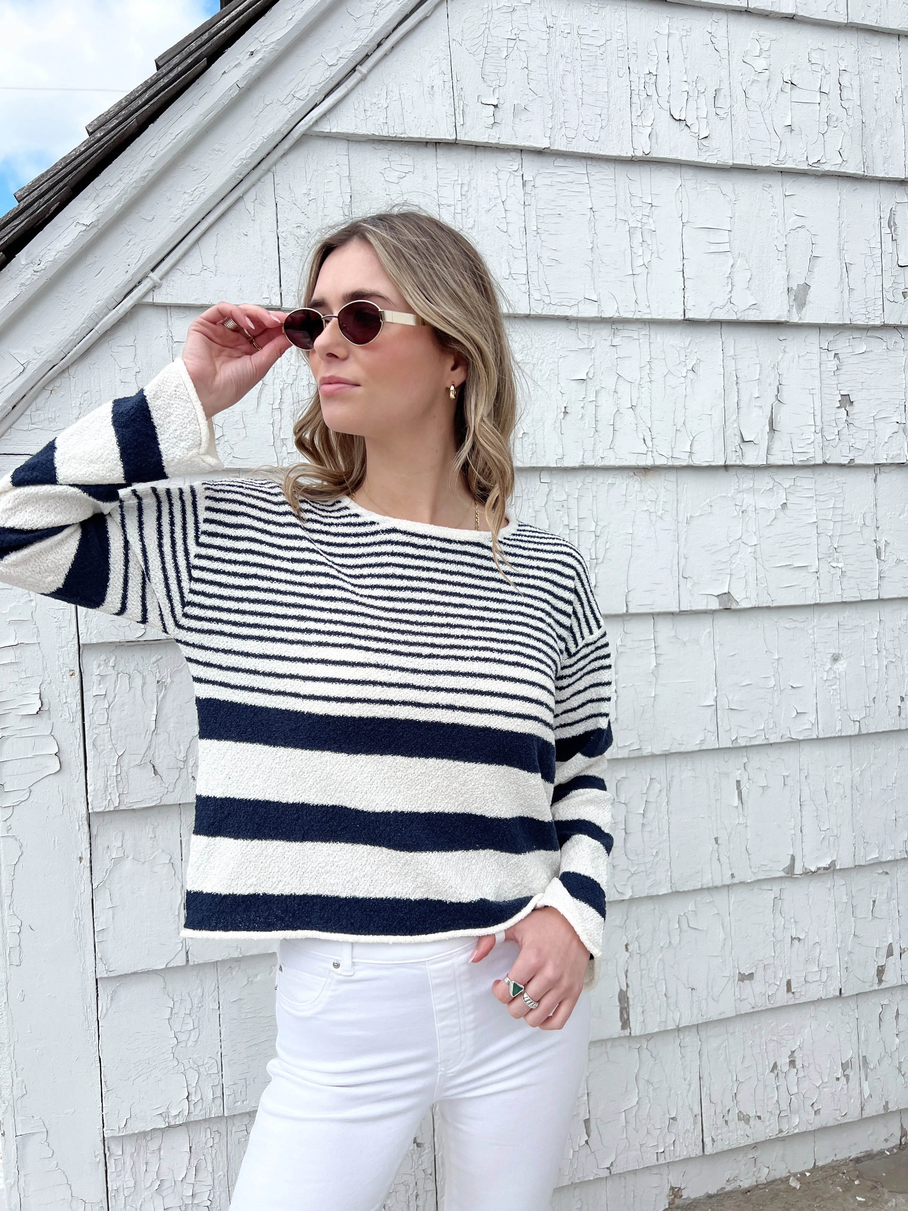 Ellie Sweater Top - Ivory/Navy