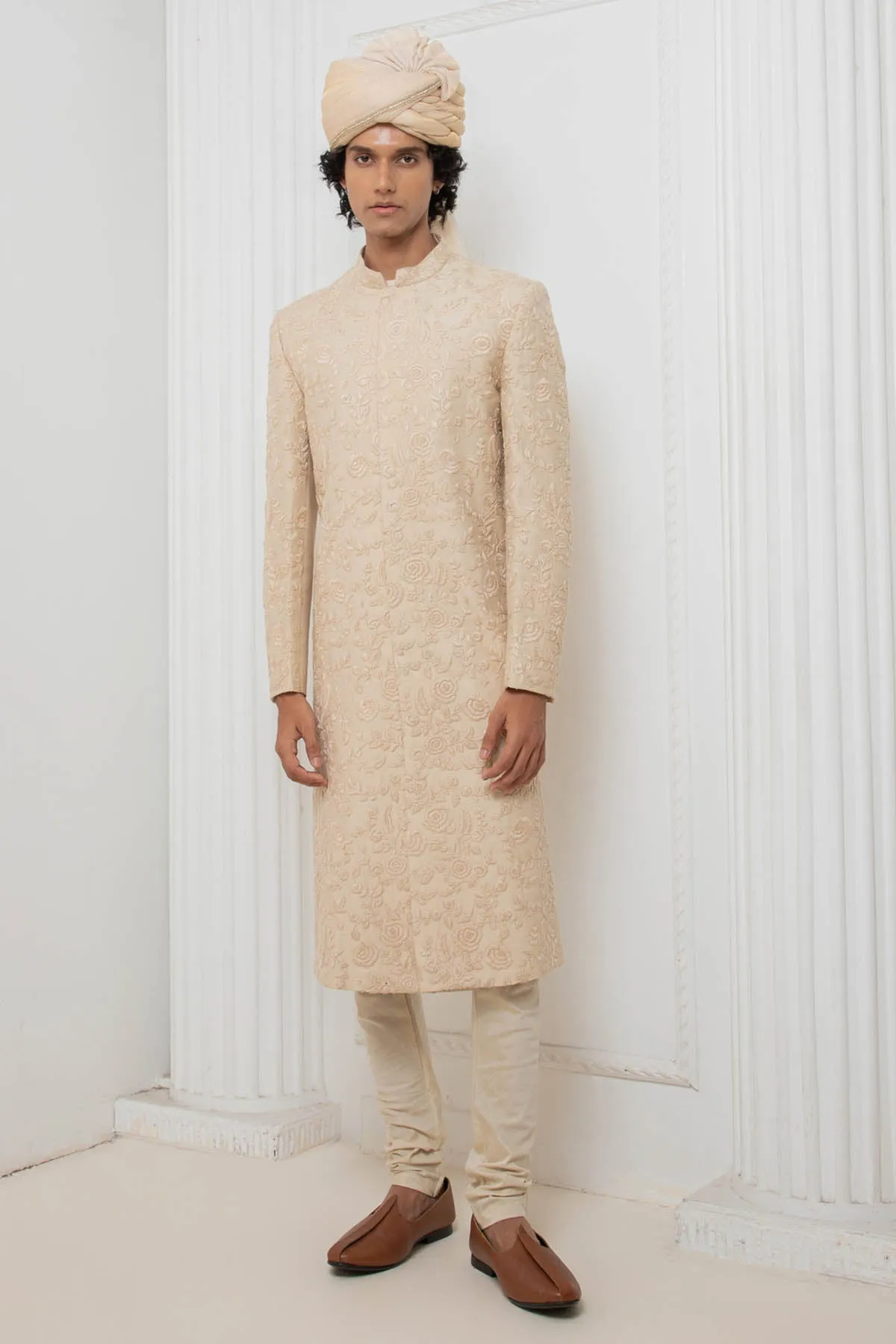 Embroidered Beige Sherwani Set