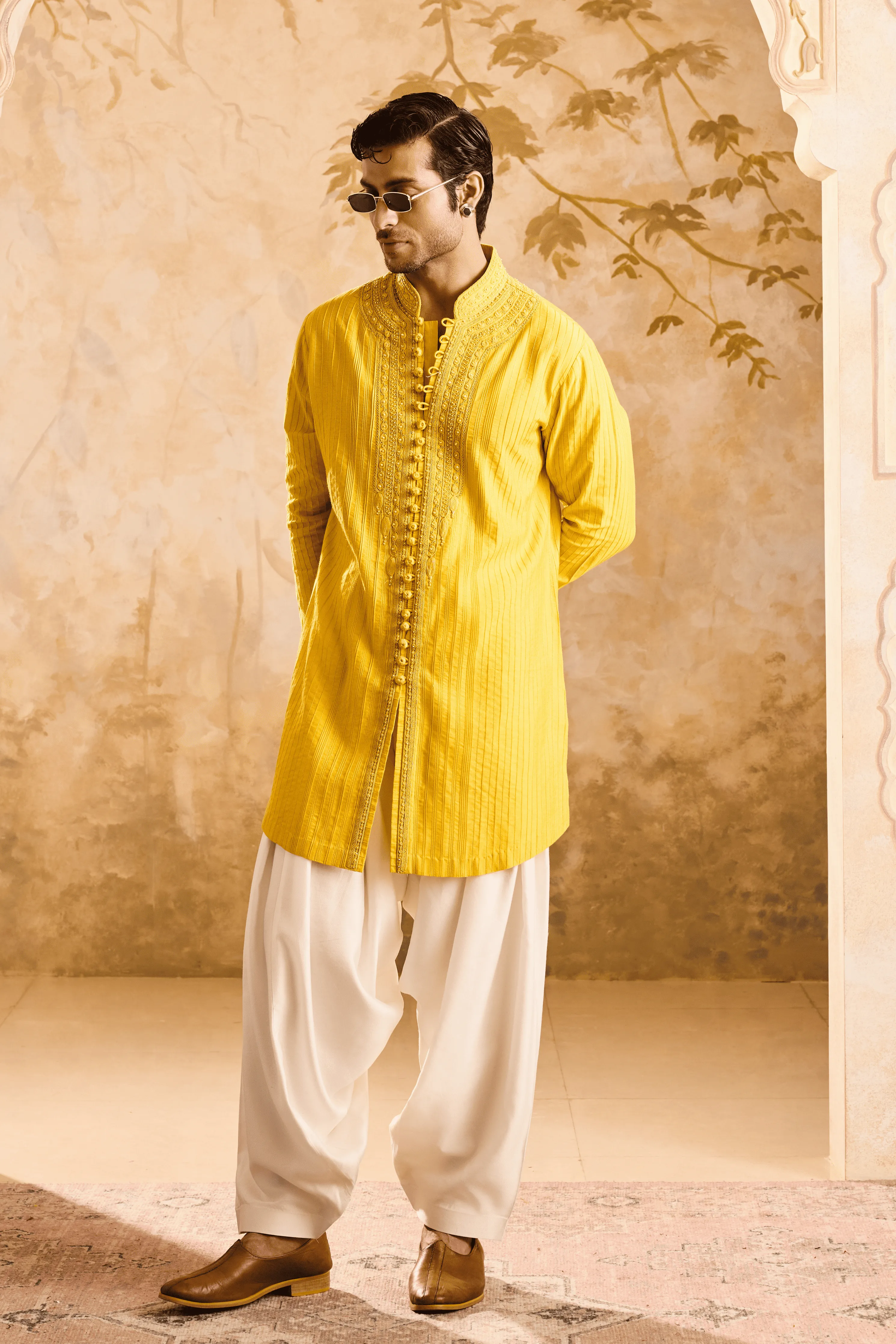 Embroidered Mustard Kurta Set