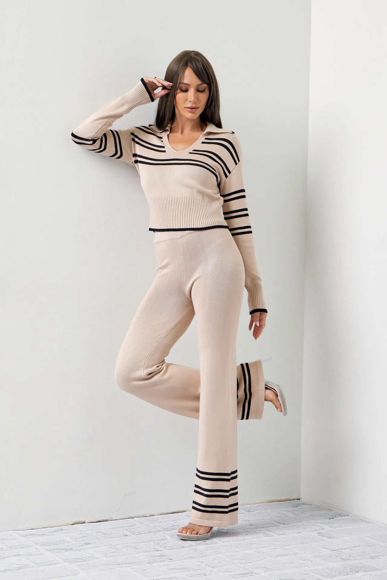 Evelyn Stripe Knit Collar Top and Pants Set