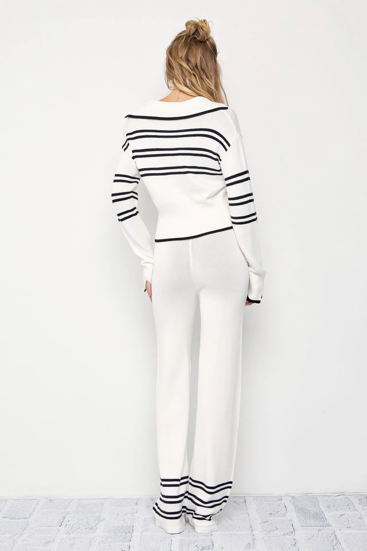 Evelyn Stripe Knit Collar Top and Pants Set
