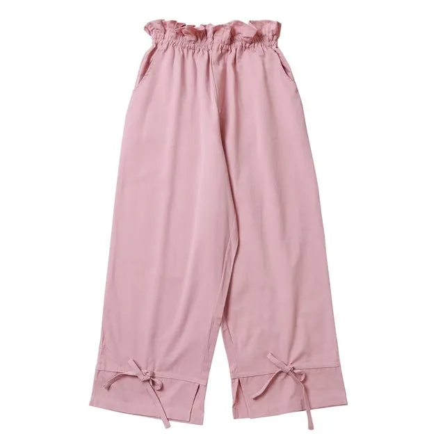 Fashion Original Women's Pants Ladies Cotton Pink Capris Ankle Length Elastic High Waist Lace Up Bow Summer New Women Trouser