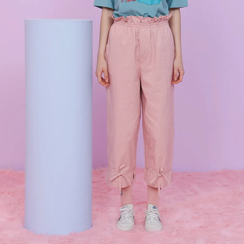 Fashion Original Women's Pants Ladies Cotton Pink Capris Ankle Length Elastic High Waist Lace Up Bow Summer New Women Trouser